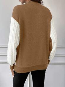 SHEIN Pregnant Women's Color-blocking Drop Shoulder Sweatshirt - Coffee Brown - View 2