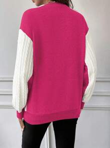 SHEIN Maternity Contrast Cable Knitted Sleeve Round Neck Sweatshirt - Hot Pink - View 2