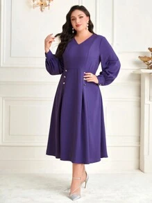 Modelyn Kích thước lớn Xếp li Cổ chữ V Tay áo Đèn lồng Đầm Không có thắt lưng - Màu tím - Xem 5