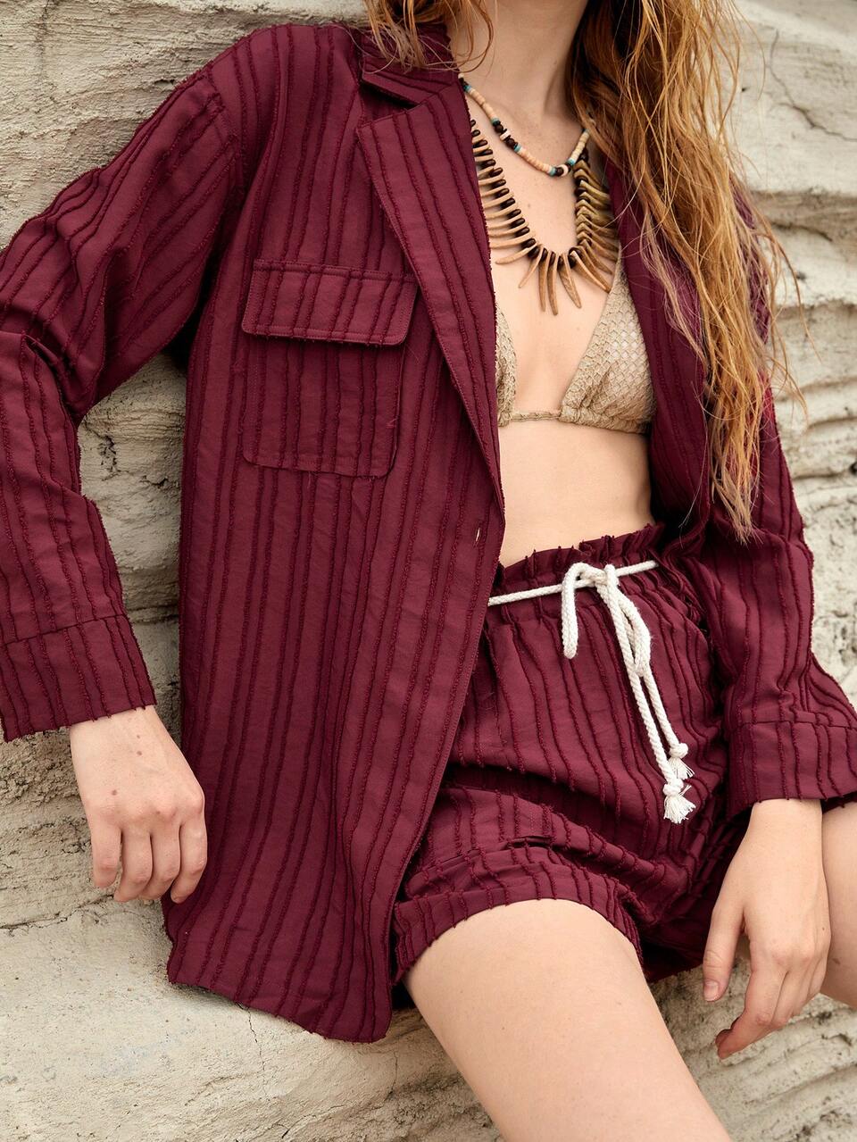 Lapel Collar Flap Pocket Blouse & Shorts Set