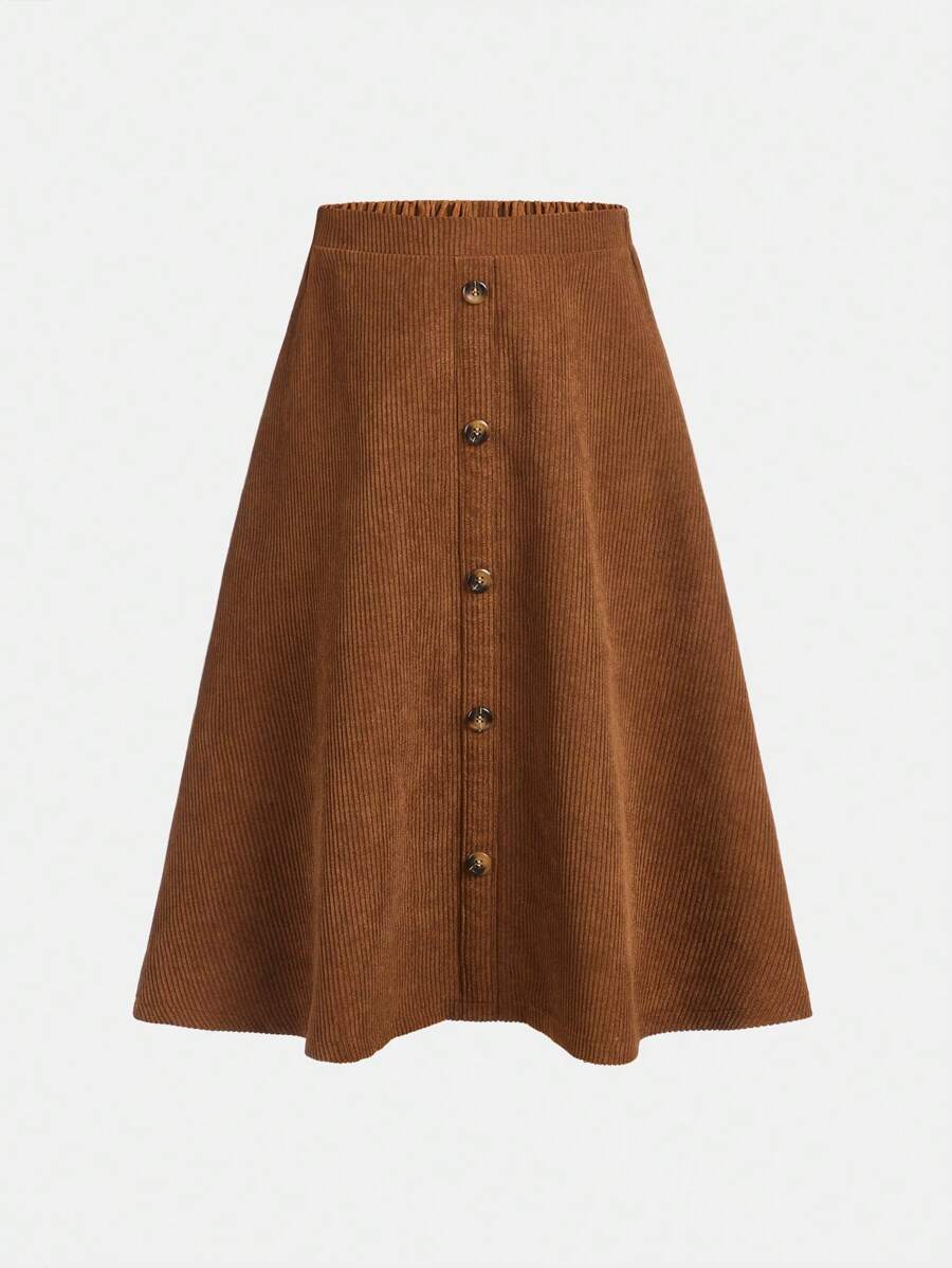 SHEIN Cô gái Tween Retro Vải to sợi Eo đàn hồi Giữa bắp chân Váy - màu nâu - Xem 1