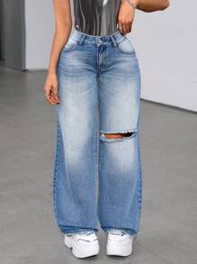 SHEIN ICON Women's Distressed Loose Straight Leg Jeans - Blue - View 1