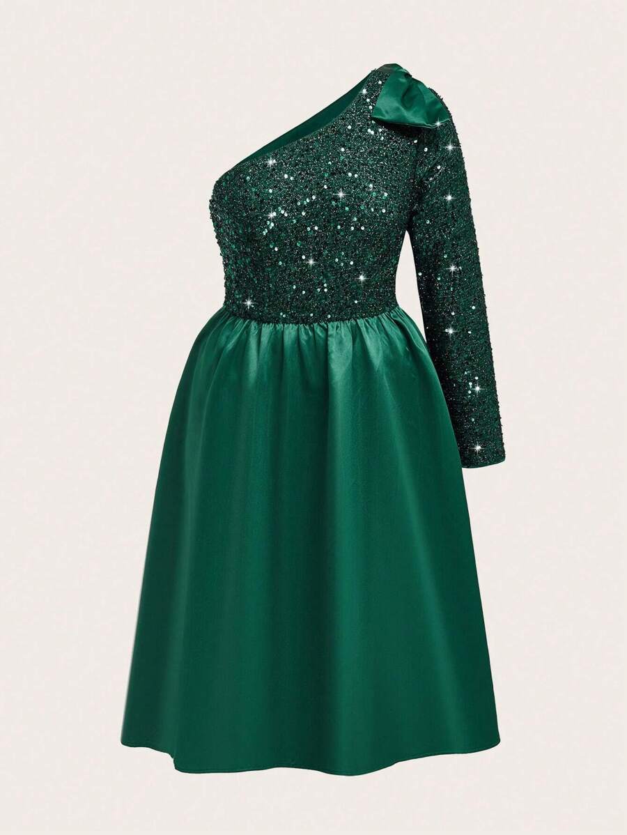 SHEIN Clasi 大碼單肩亮片拼接洋裝 - 墨綠色 - 查看 1