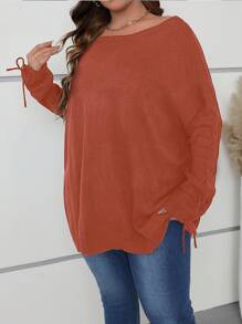 SHEIN LUNE 大码女式纯色系带长袖套头毛衣针织衫秋冬款 - 珊瑚橙 - 查看 5