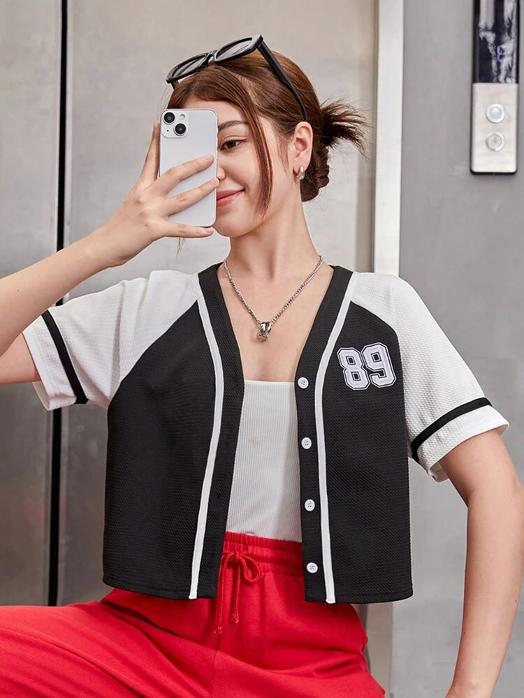 Teen Girls' Digital Embroidery Pattern Color Block Casual T-shirt