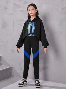 Tween Girls' Knitted Hoodie Sweatshirt & Letter Printed Elastic Waistband Pants Streetwear Sportswear Set