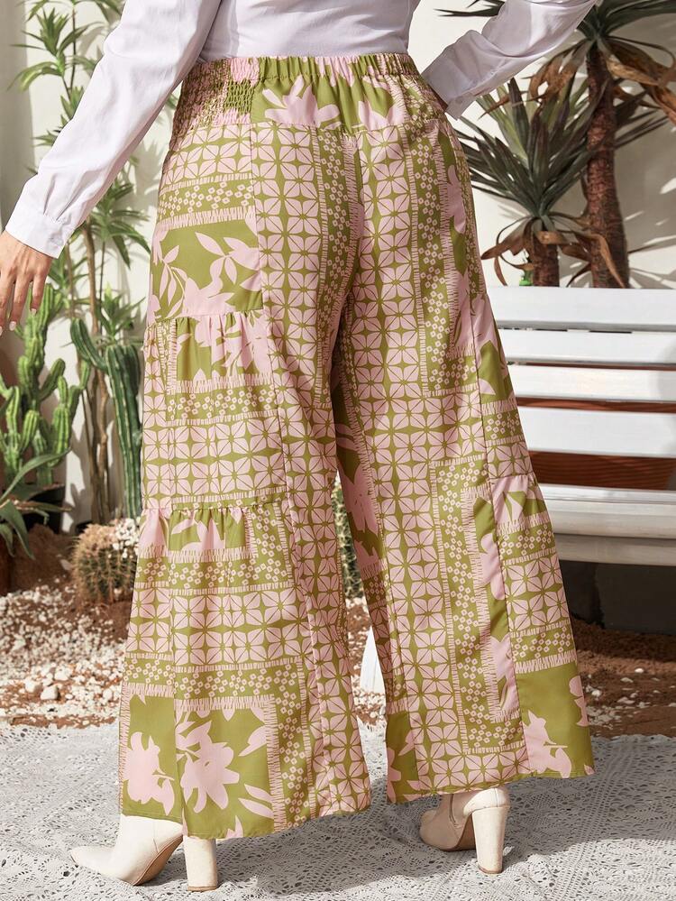 Women's Plus Size Floral & Geometric Printed Belted Pants