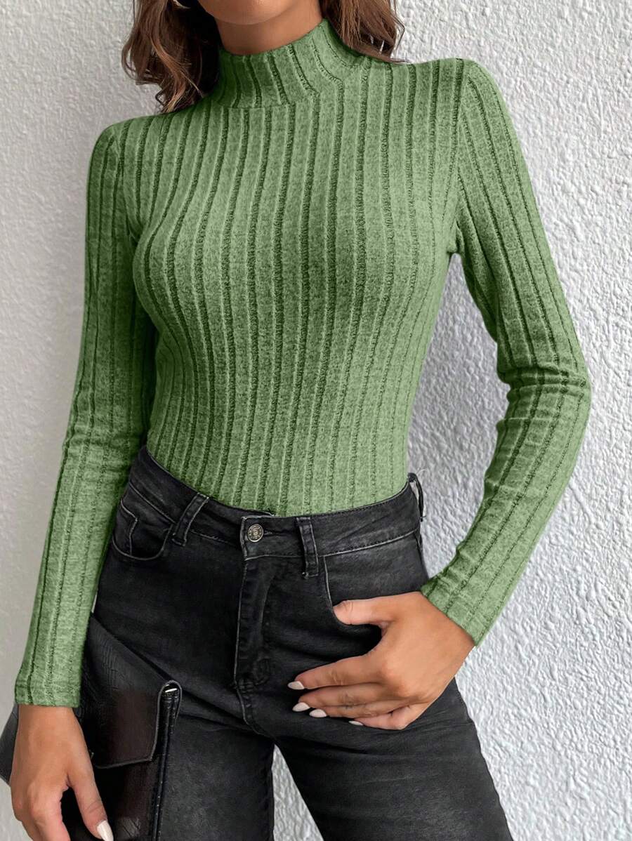 SHEIN Tall Đồ đan Ribbed Tay áo dài Áo thun - màu xanh lá - Xem 1