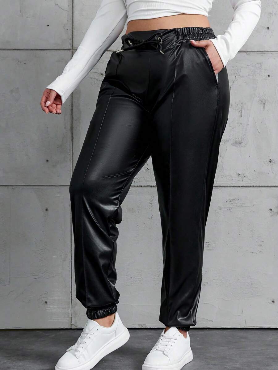 RueChic Pantaloni Pu Cu Snur De Marime Plus, Pentru Iarna