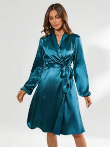 GENKIRA Wrap Front Lantern Sleeve Long Sleeve Dress Fall Cloth For Women - Teal Blue - View 3