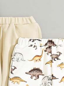 SHEIN 男孩三件純色針織長褲加可愛恐龍圖案針織長褲 - 棕色 - 查看 5