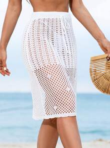 SHEIN Swim Jupe cache-maillot d'été ajourée blanche à cordon de serrage pour femmes - Blanc - Voir 5