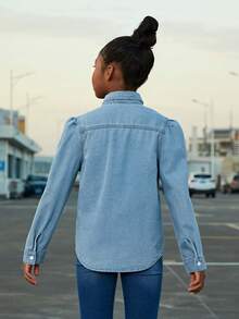 SHEIN Cô gái Dễ thương Ống tay áo Denim Giải trí Áo sơ mi - Màu xanh lam - Xem 3