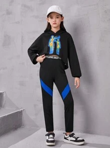 Tween Girls' Knitted Hoodie Sweatshirt & Letter Printed Elastic Waistband Pants Streetwear Sportswear Set