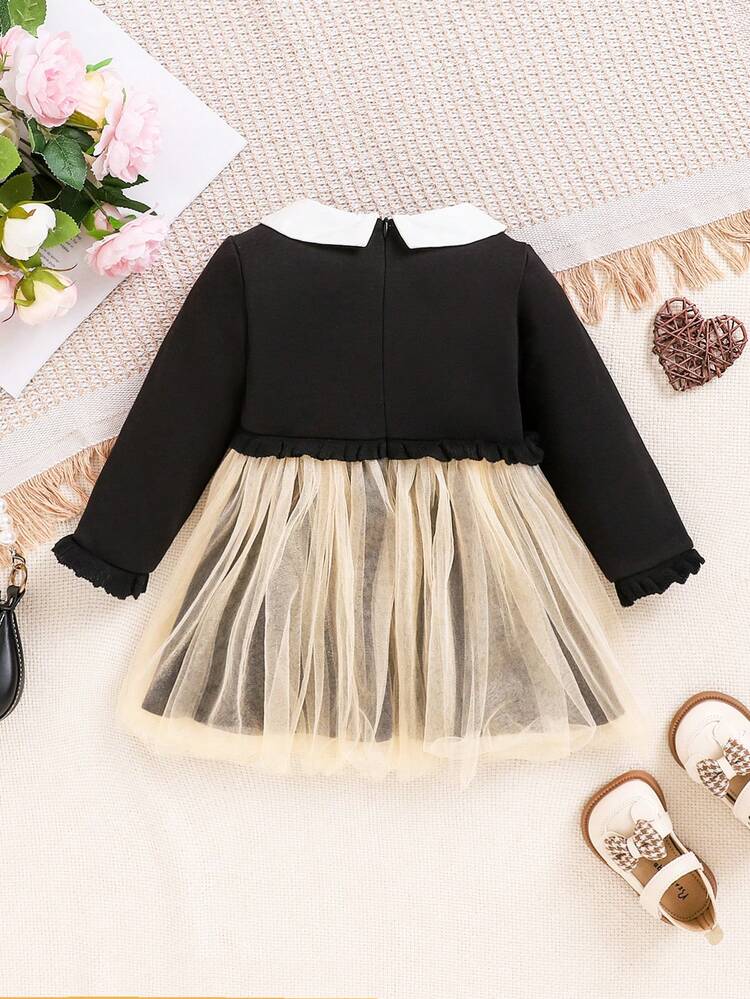 Baby Girls Colorblock Peter Pan Collar Dress With Printed Mesh Splicing And Bowknot