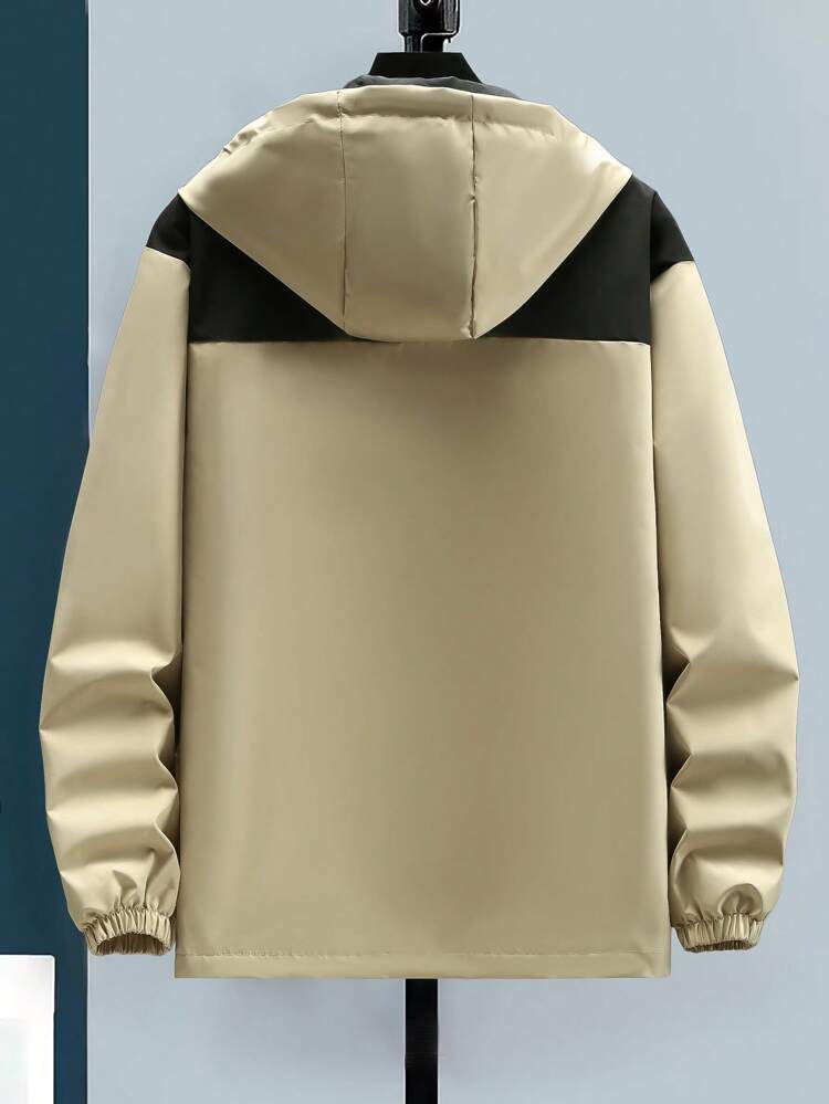 Men's Color-Contrast Loose Hooded Jacket With Letter Embroidery And Drawstring