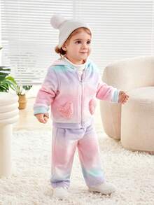 SHEIN Trẻ sơ sinh Cô gái Giải trí Macaron Màu sắc Lông cừu áo có mũ Áo khoác & Quần Bộ Với Hình trái tim Túi - Nhiều màu - Xem 4