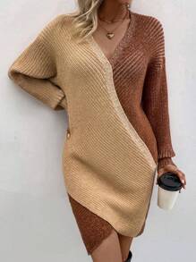 SHEIN Essnce 落肩 V 領交叉裹身毛衣連身裙 - 駝色 - 查看 1