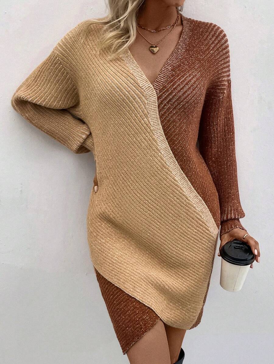 SHEIN Essnce 落肩 V 領交叉裹身毛衣連身裙 - 駝色 - 查看 1