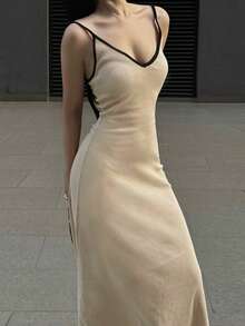 Women's Casual Sleeveless Long Dress With Contrast Trim, Summer - Apricot - View 4