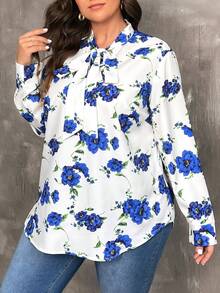 SHEIN Franclia Plus Size Floral Print Blouse With Tie Neck - Multicolor - View 5