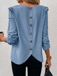 SHEIN Clasi Button Decorated Top With Ruffle Hem Back - Blue - View 1