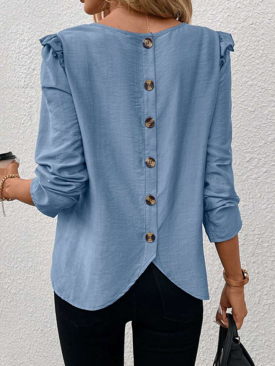 SHEIN Clasi Button Decorated Top With Ruffle Hem Back - Blue - View 1