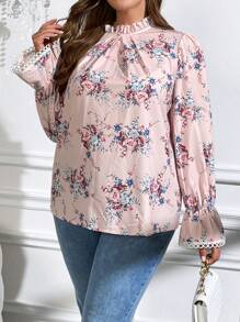 SHEIN Clasi Kích thước lớn In hoa Nếp uốn Vòng cổ Và Tay áo chuông Áo sơ mi - Hồng - Xem 5