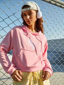 SHEIN Sports 女士字母印花袋鼠口袋抽绳卫衣 - 粉色 - 查看 3