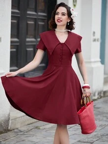 MUXXN Vintage 1950's Button Down Wrap V Neck Midi Casual Cocktail Prom Party Swing Dresses - Maroon - View 6