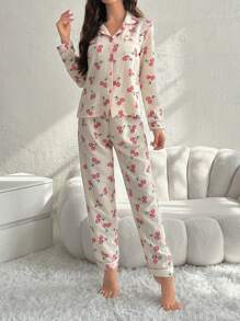 CottageSlumber Của phụ nữ In Anh đào Tay áo dài Dài Quần Bộ mặc nhà - Màu be - Xem 6