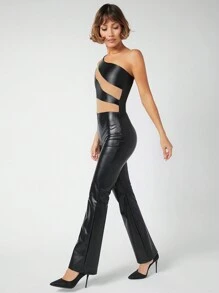 Hauture Eén schouder Doorschijnend PU Jumpsuits