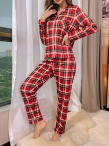 Merry Christmas Plaid Print Contrast Piping PJ Set / Pajama Set - Multicolor - View 4