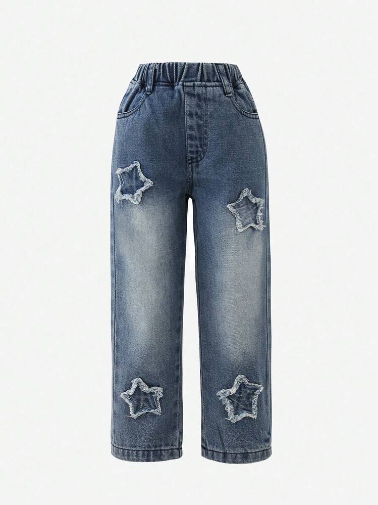 Girl s Washed Denim Jeans With Star Sticker And Embroidery On The Streetwear Fashion SHEIN