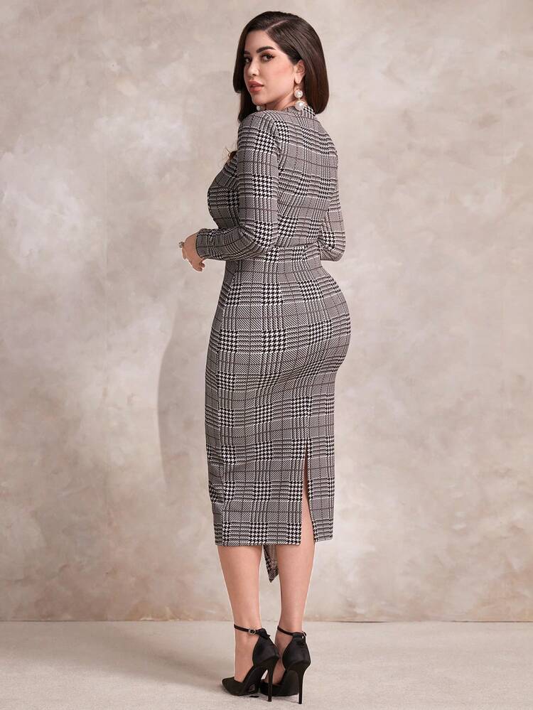 Women's Slim-Fit Houndstooth Dress Long Evening Dresses