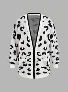SHEIN CURVE+ Plus Size Leopard Print Paneled Edge Drop Shoulder Cardigan - White - View 1