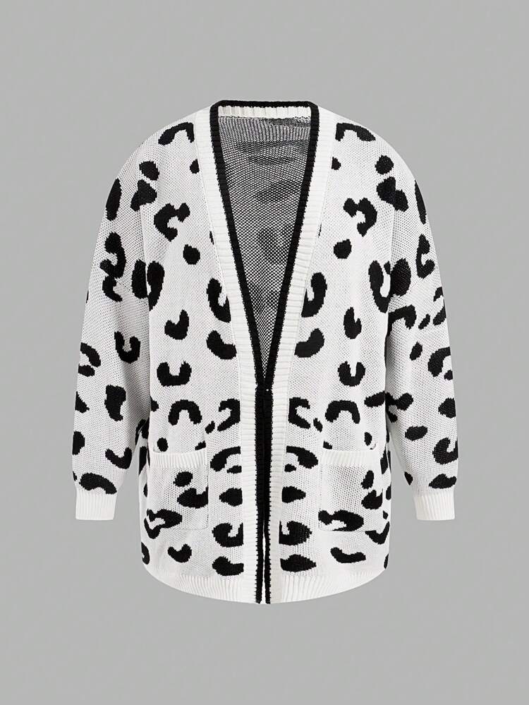 Plus Size Leopard Print Paneled Edge Drop Shoulder Cardigan