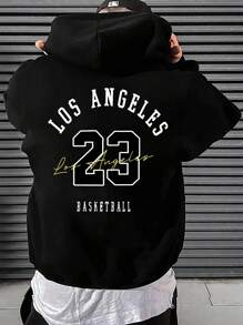 Manfinity Homme Loose Men's Hoodie With Printed Letters Black Los Angeles Graphic Long Sleeve Hoodie, For Friends, Husband, Boyfriend Gifts, Los Angeles Jersey, Men Hoodies, Hoodies For Men - Black - View 1