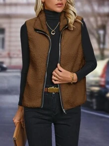 Của phụ nữ Không tay Dây kéo Áo vest - Cà phê nâu - Xem 4