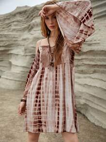 Bohemela Vestido Con Mangas Acampanadas Y Hombros Descubiertos De Diseño Tie-dye