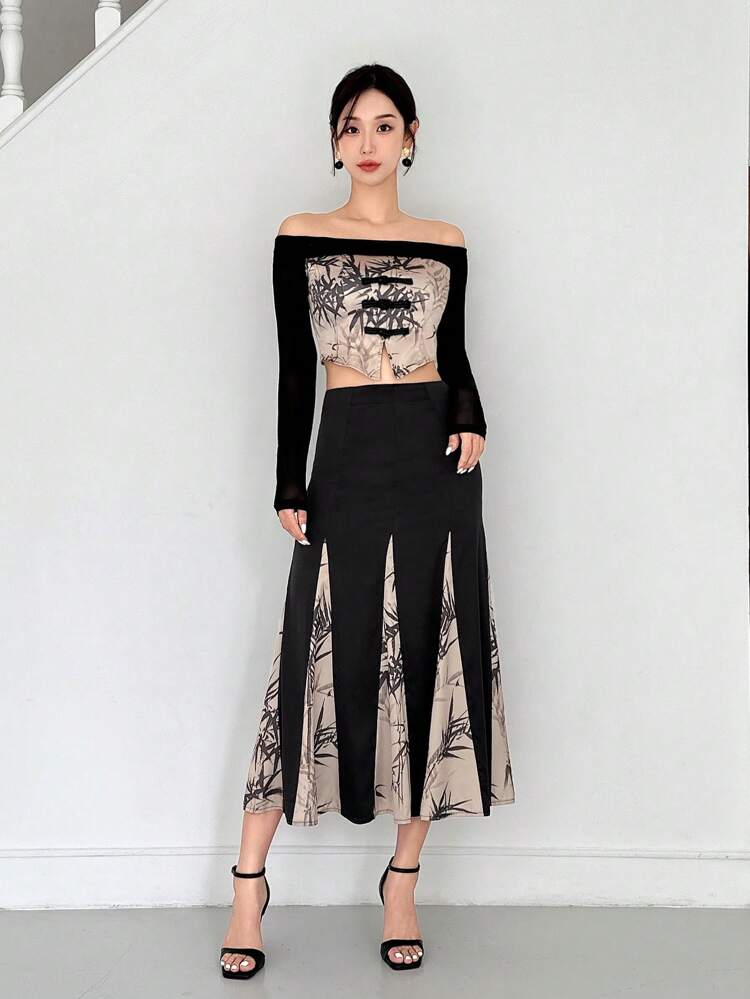 Women's Bamboo Print Splicing Long Skirt