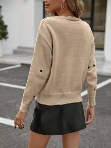 SHEIN Frenchy 女性心型刺繡波浪邊毛衣 - 卡其色 - 查看 2