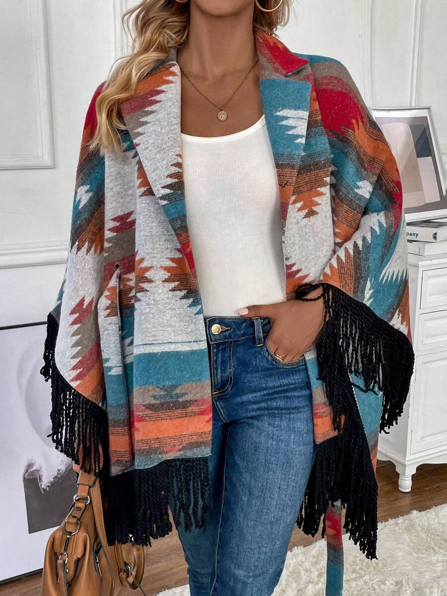 SHEIN LUNE 流蘇細節開襟幾何圖案大衣 - 彩色 - 查看 1