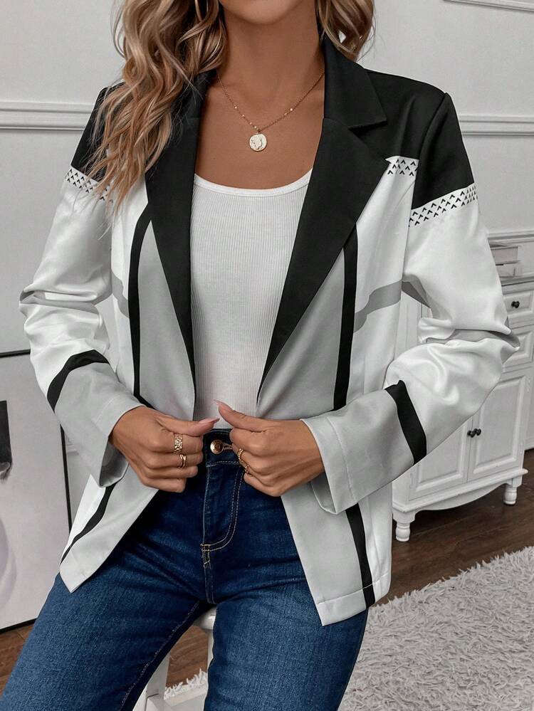 Women'S Colorblock Lapel Collar Open Front Blazer