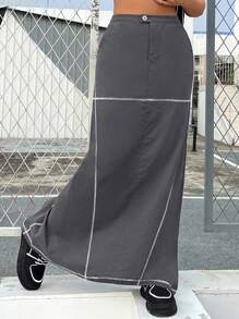 SHEIN EZwear Falda Lápiz Trasera Dividida - Caqui - Ver 4