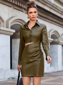 Anewsta Vestido De Pu Sólido Con Huecos - Verde militar - Ver 3
