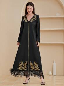 Al Najma 女式金色刺繡傳統長款襯衫,深v領設計