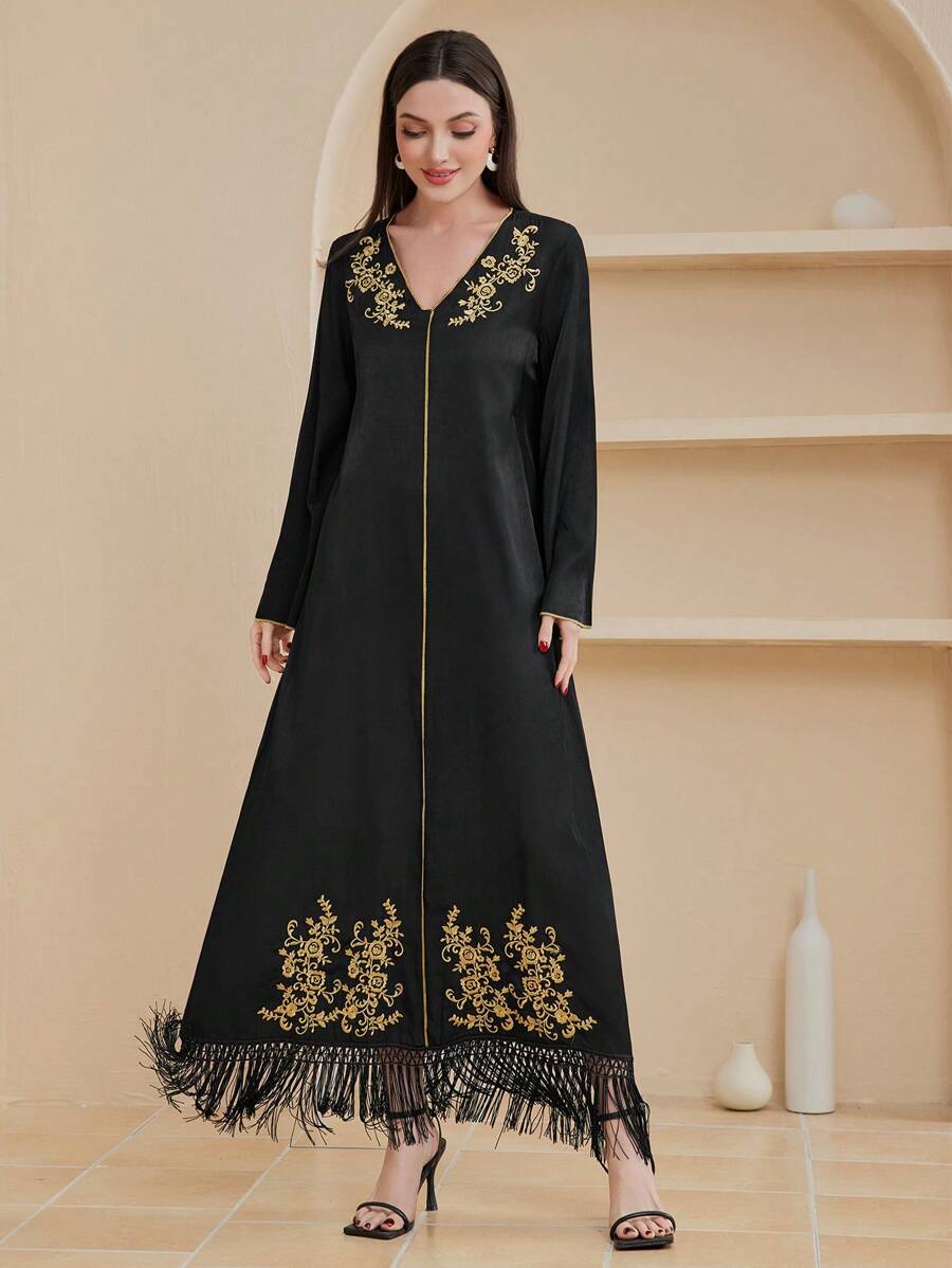 Al Najma 女式金色刺繡傳統長款襯衫,深v領設計