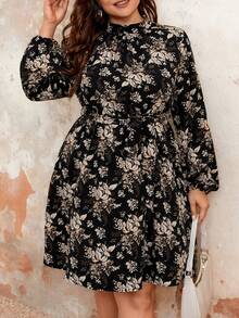 SHEIN Franclia 大碼花卉印花氣球袖洋裝 - 彩色 - 查看 5