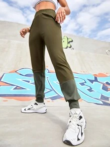 Street Sport 女士橄欖綠高腰拼接運動褲